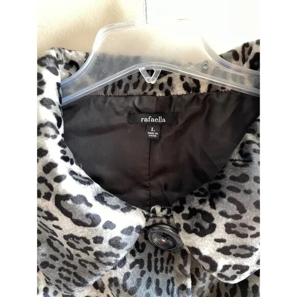 Rafaella Animal Print Fax Fur Coat Womens L Gray Short Length Button Front Lined - Picture 3 of 10